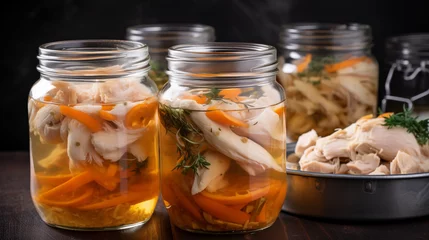 Fotobehang Homecanned chicken stock and soup in a big jars  method © Erzsbet