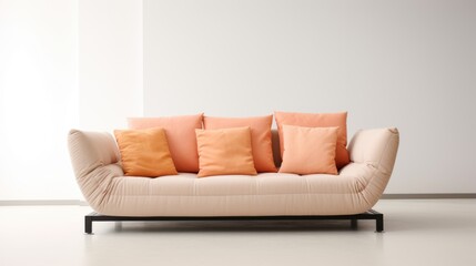 A white couch with orange pillows in a room, peach fuzz, trendy color of the year 2024.