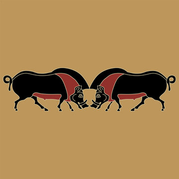 Symmetrical animal design or horizontal border with two wild pigs or boars. Ancient Greek ethnic vase painting motif. 
