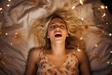 Young blonde woman having orgasm. Beautiful woman with open mouth and closed eyes enjoying sex lying among fireworks. Sparklers as a symbol of orgasm. Sexual experience, masturbation, cunnilingus. - obrazy, fototapety, plakaty