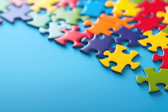 World Autism Awareness Day, details of a multi-colored puzzle, blue background, place for text - Powered by Adobe