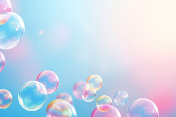 Soap bubbles floating in the air on pastel gradient background. Iridescent bubbles. Dreaming, fun...