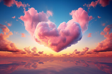 Heart shaped cloud in the sky. Flying clouds with heart shape. Love, romantic and wedding concept. Happy Valentine's day cart, love is in the air, fantasy weather lovely background - obrazy, fototapety, plakaty