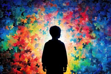 World Autism Awareness Day, the silhouette of a child against the background of a multi-colored puzzle piece - obrazy, fototapety, plakaty