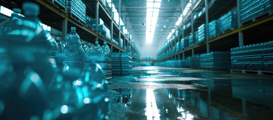A warehouse with bottles of water
