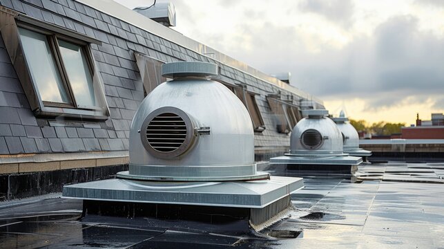 A couple of air vents sitting on top of a roof, a roof vent system
