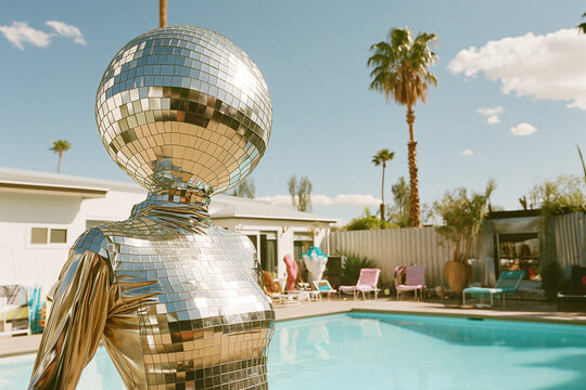 A woman in a disco ball costume Standing Next to a Swimming Pool party