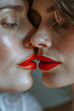 Two Women Embracing in a Passionate Kiss