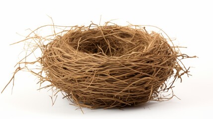 empty bird's nest made of straw on a white background isolated.