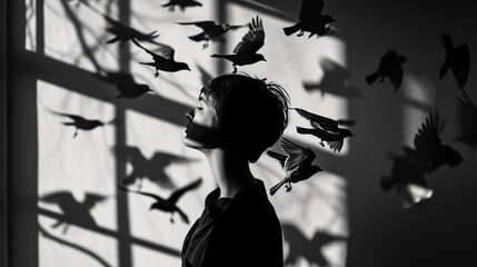 A surreal portrait where the subject's shadow splits into birds taking flight, dynamic and poetic - obrazy, fototapety, plakaty