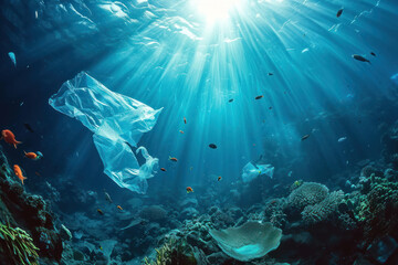 Plastic pollution in sea. Microplastics contaminate seafood
