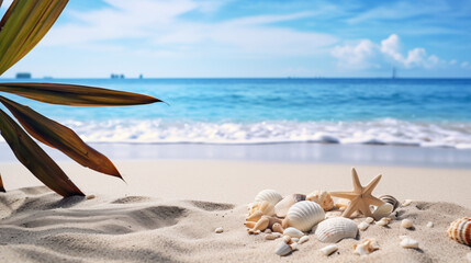 Fototapeta na wymiar a beautiful tropical beach, with white sand, starfish and shells