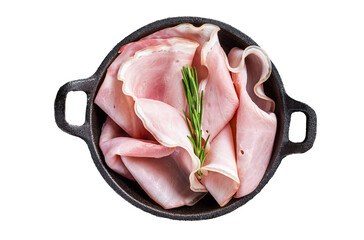 Prosciutto ham sliced in a pan.  Transparent background. Isolated.