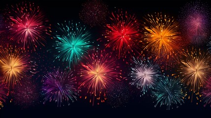 A pattern of colorful fireworks lighting up the night sky, great for a celebratory vector background.