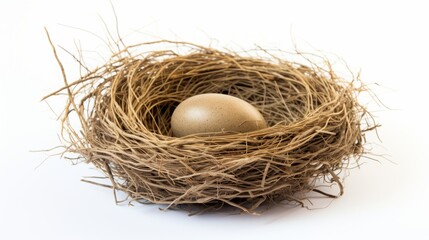 bird's nest made of straw with an egg inside.