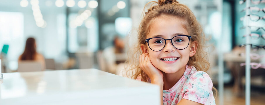 une petite fille souriante avec des lunettes de vue chez un opticien