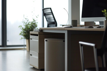 hoto capturing a discreet and compact office wastebasket positioned under the desk, optimizing space in a minimalist fashion