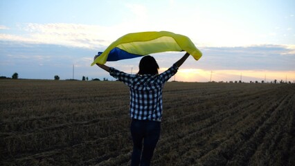 Ukrainian woman running with raised flag Ukraine above her head on wheat field at sunset. Lady...
