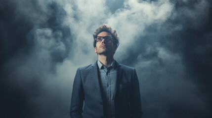 business man with Cloudy vision, unclear mind, foggy ideas concept 