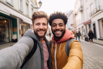 Fototapeta premium Young diverse male gay couple taking selfie in the city