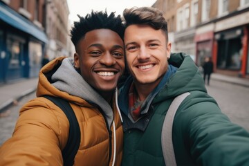 Naklejka premium Young diverse male gay couple taking selfie in the city