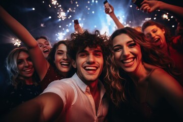 Obraz premium Happy young people taking selfie with fireworks in background