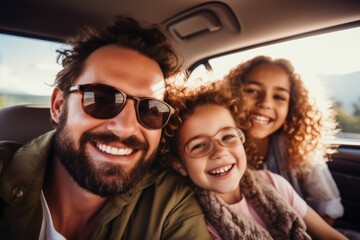 Young family sitting in car going on trip