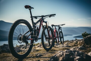 Fototapeta na wymiar Mountain Bikes on a Scenic Overlook with Lake View
