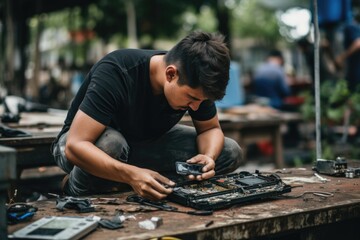 Man repairing smartphone in workshop