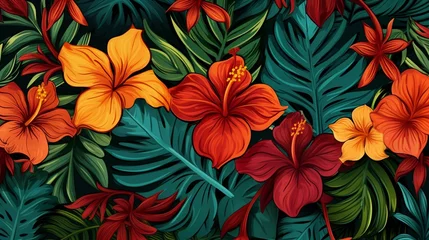  A repeating pattern of tropical leaves and exotic flowers, ideal for a botanical-inspired vector background. © Sajawal