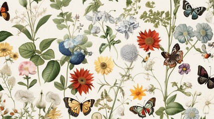 A repeating pattern of vintage botanical illustrations with intricate details, great for a nature-inspired vector background.
