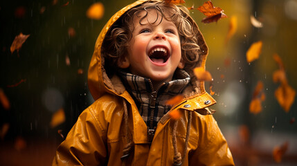 Alegría Otoñal: Niño Jugando Bajo la Lluvia de Otoño