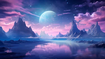 Fotobehang Cosmos Fantástico: Paisaje de Montañas Alienígenas bajo un Cielo Estrellado y una Luna Gigante © Carmen