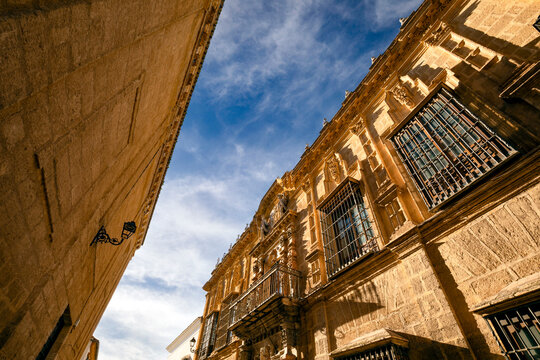 Perspective facade of the 18th century Los Cepeda palace in Osuna, Seville, Andalusia, Spain