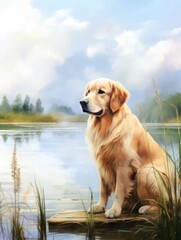 Golden Retriever Sitting by a Lake in Watercolor Style AI Generated