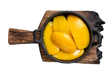 Canned mango slices in bowl.  Transparent background. Isolated.