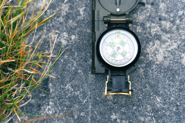 Close-up view of compasses on a very textured rock of gray tone with small grasses sticking out...