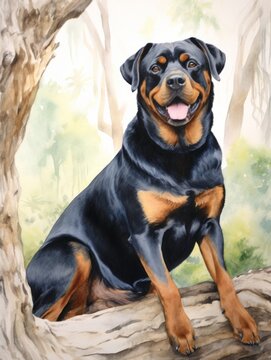 Rottweiler in a Park: Watercolor Painting on White Background AI Generated