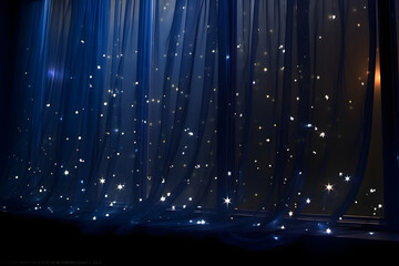 Dark blue sky with bright stars behind transparent curtains, Christmas night.