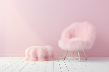 Faux fur chair and stool, creative interior for girls, pastel pink wall, minimalism