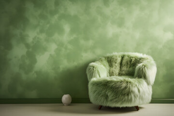 Tufted faux fur armchair against pastel olive green painted wall, minimalistic, trendy interior composition.