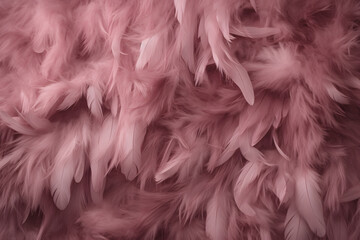 Soft light fluffy feathers, creative background in dusty rose pink color, costume for a glamorous performance.