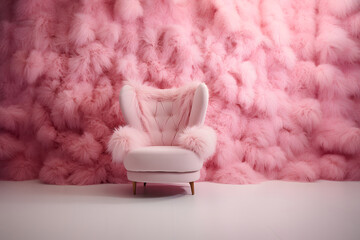 Comfortable pink armchair, pastel feathers wallpaper behind, creative glamorous vintage old Hollywood interior style.