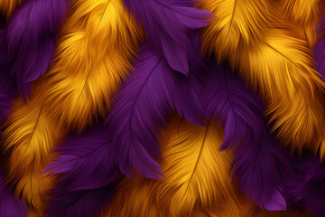 Luxurious exotic purple and yellow feathers, creative background, light fluffy texture