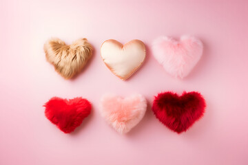 Pillows made of faux fur and satin in the shape of hearts, creative romantic love pattern. Valentine's day celebration.