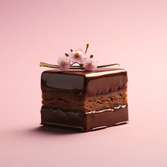 A cube of chocolate cream cake, a minimalistic dessert on a pastel pink background.