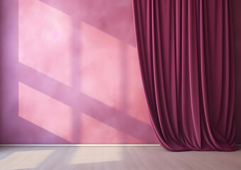 Window shade on the wall painted dusty rose pink, crimson velvet curtain, minimalist interior, retro style.