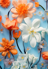 Orange and white tropical flowers, creative summer floral flat lay composition.