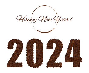 Happy New Year. Figures 2024 created from coffee beans isolated on a white background.