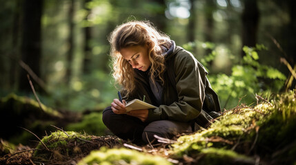 Female conservationist doing fieldwork on a forest floor, writing down on a note book